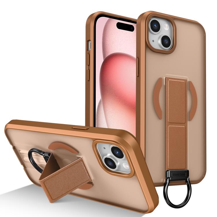 

For iPhone 15 Skin-Friendly D-Ring Holder Magnetic Shockproof Phone Case(Khaki)