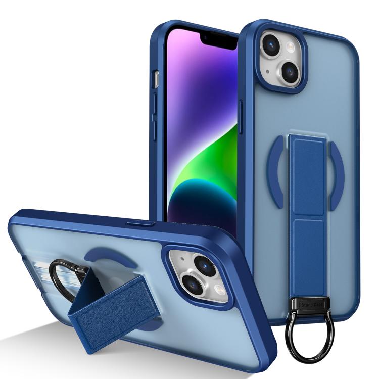 

For iPhone 14 Plus Skin-Friendly D-Ring Holder Magnetic Shockproof Phone Case(Blue)