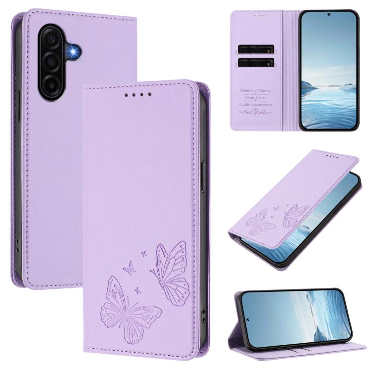 

For Samsung Galaxy A57 5G Strong Magnetic Dual Butterfly RFID Vegan Leather Phone Case(Light Purple)