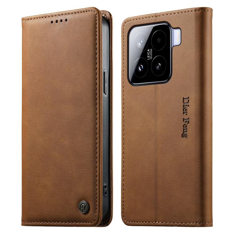 

For Xiaomi 15 Dierfeng Metal Snap Magnetic RFID Vegan Leather Phone Case(Light Brown)