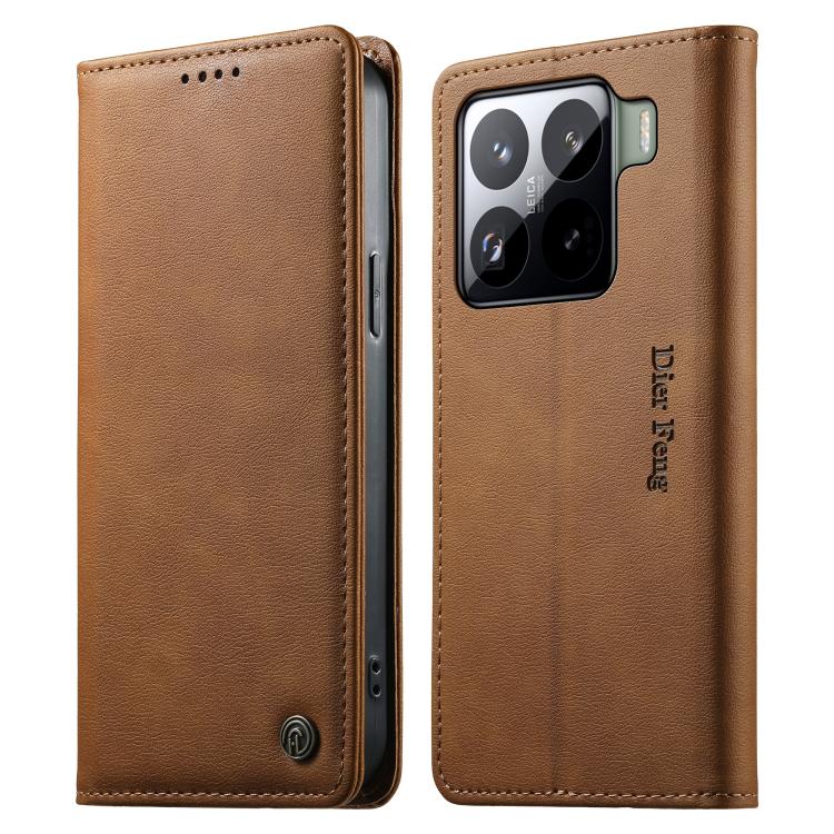 

For Xiaomi 15 Pro Dierfeng Metal Snap Magnetic RFID Vegan Leather Phone Case(Light Brown)
