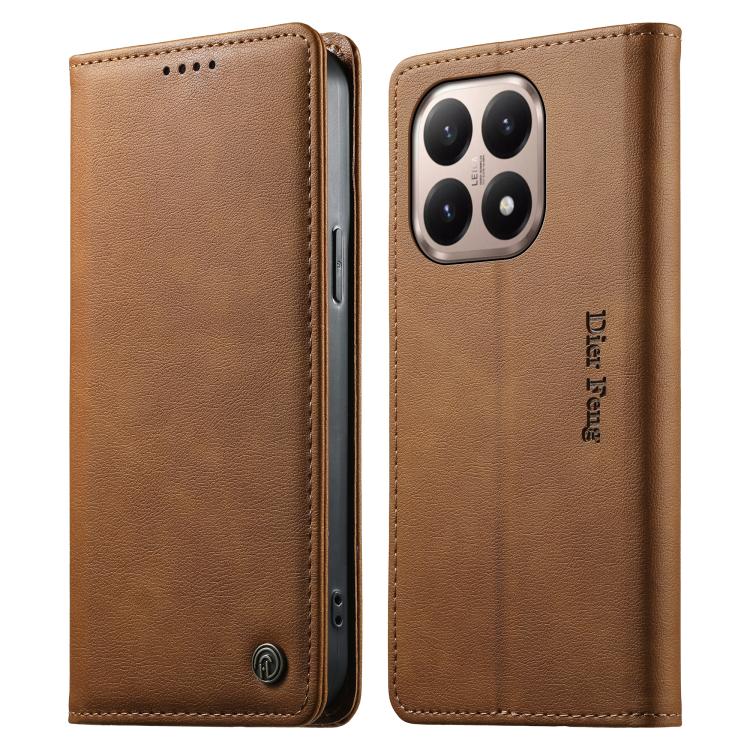 

For Xiaomi 15T 5G Dierfeng Metal Snap Magnetic RFID Vegan Leather Phone Case(Light Brown)