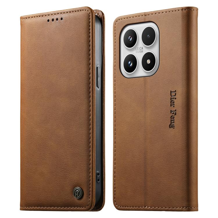 

For Xiaomi 17 Dierfeng Metal Snap Magnetic RFID Vegan Leather Phone Case(Light Brown)