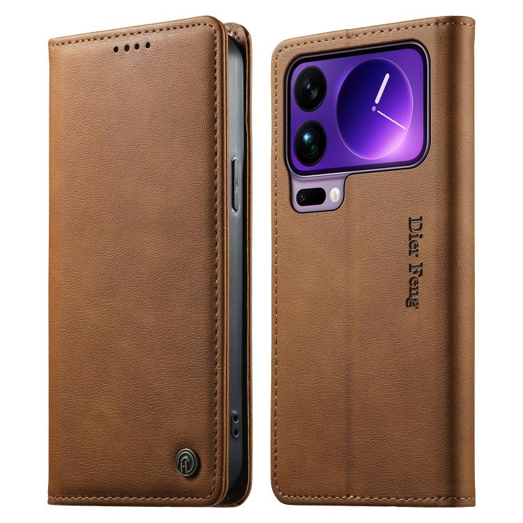 

For Xiaomi 17 Pro Max Dierfeng Metal Snap Magnetic RFID Vegan Leather Phone Case(Light Brown)