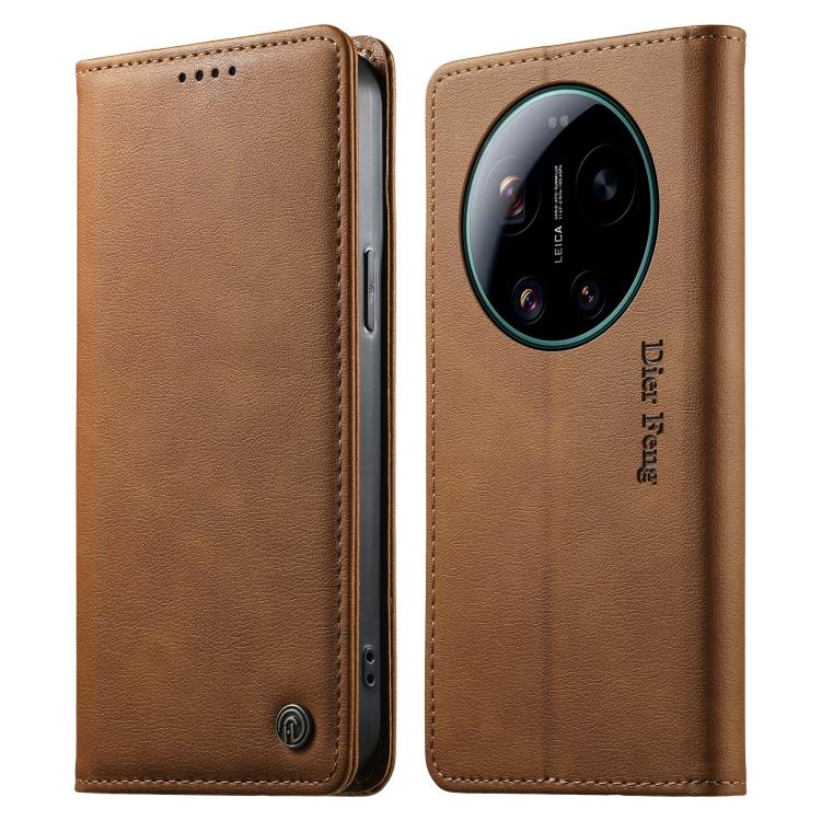 

For Xiaomi 17 Ultra Dierfeng Metal Snap Magnetic RFID Vegan Leather Phone Case(Light Brown)