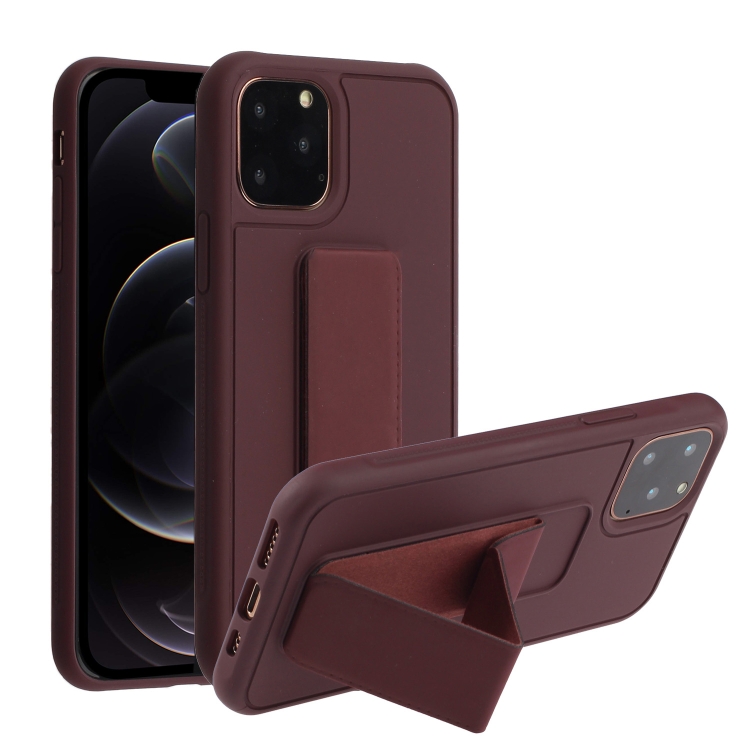 

For iPhone 12 / 12 Pro Shockproof PC + TPU Protective Case with Wristband & Holder(Coffee)