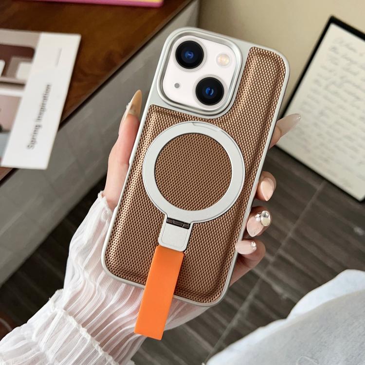 For iPhone 14 Electroplated Diamond Texture Ring Magnetic Holder Phone Case(Khaki)