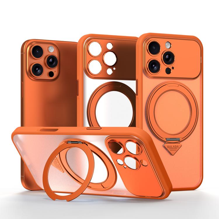 For iPhone 16 Pro Max SULADA Transforms Into 17 Pro Semi-Transparent Matte Rotation Magnetic Holder Phone Case(Orange)