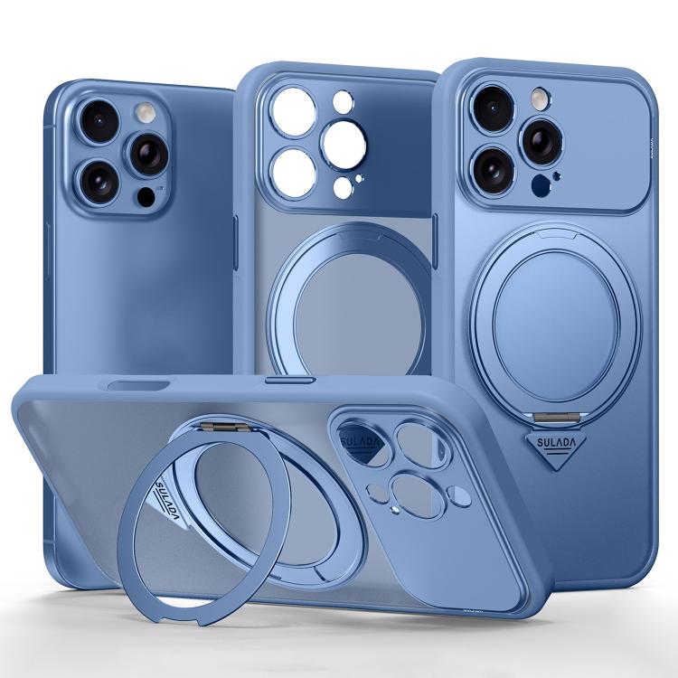 For iPhone 16 Pro SULADA Transforms Into 17 Pro Semi-Transparent Matte Rotation Magnetic Holder Phone Case(Sky Blue)