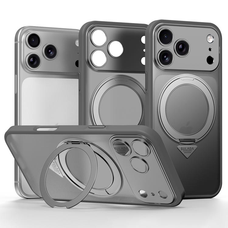 For iPhone 18 Pro Max SULADA Transforms Into 17 Pro Semi-Transparent Matte Rotation Magnetic Holder Phone Case(Gray)