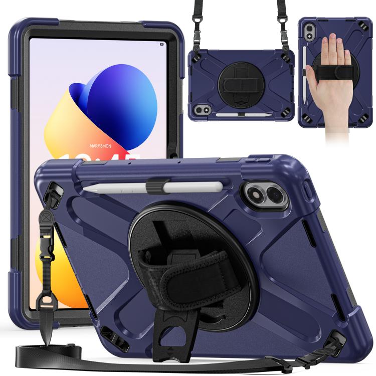 

For Xiaomi Redmi Pad 2 Pro 12.1 2026 Rotatable Holder Silicone Hybrid PC Tablet Case with Shoulder Strap(Navy Blue)