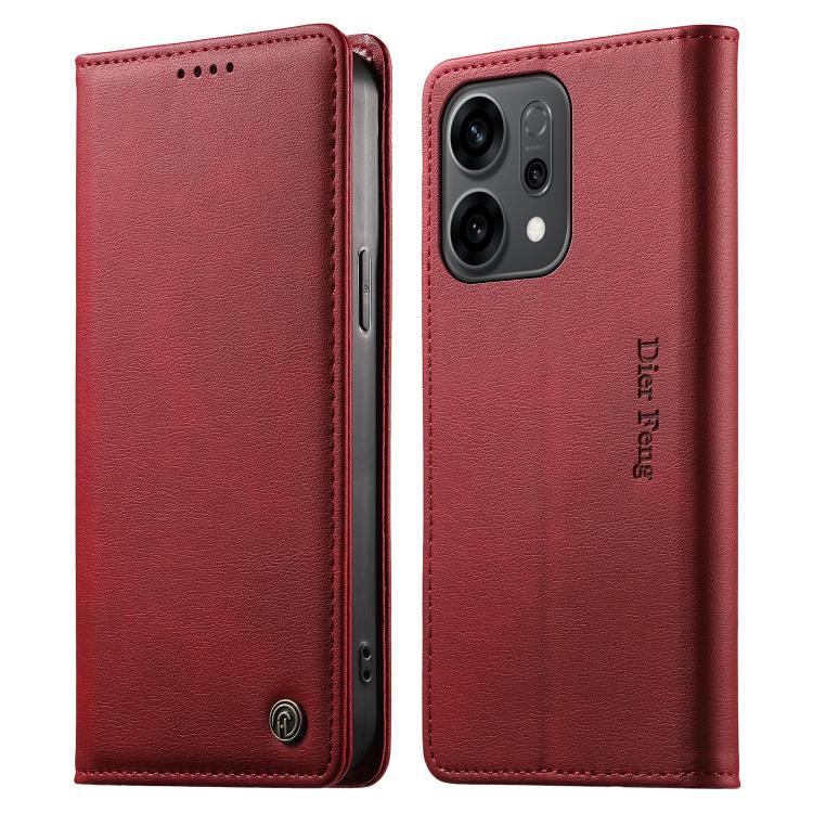 For OPPO Reno14 Global / Reno14 F 5G Dierfeng Metal Snap Magnetic RFID Vegan Leather Phone Case(Red)