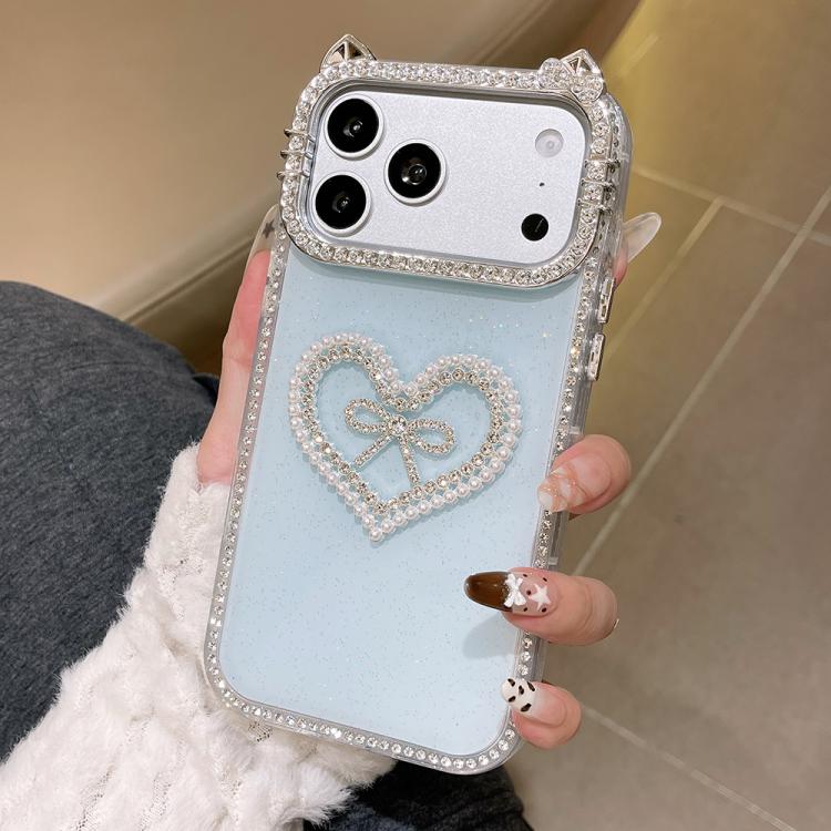 

For iPhone 17 Pro Electroplated Cat Ear Dual Side Rhinestones Glitter IMD Phone Case(Blue)