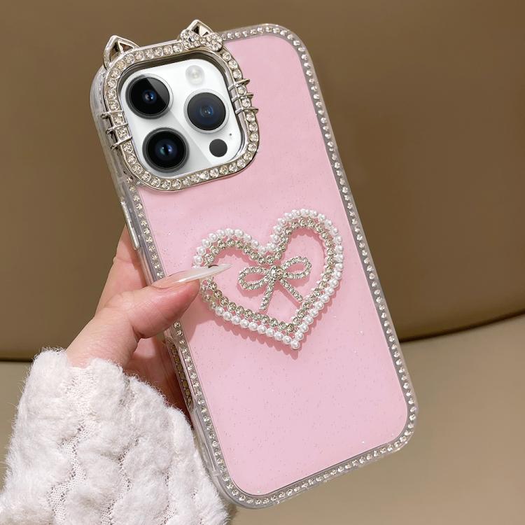 

For iPhone 16 Pro Electroplated Cat Ear Dual Side Rhinestones Glitter IMD Phone Case(Pink)