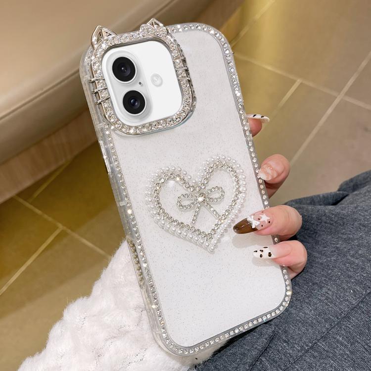 For iPhone 16 Plus Electroplated Cat Ear Dual Side Rhinestones Glitter IMD Phone Case(White)