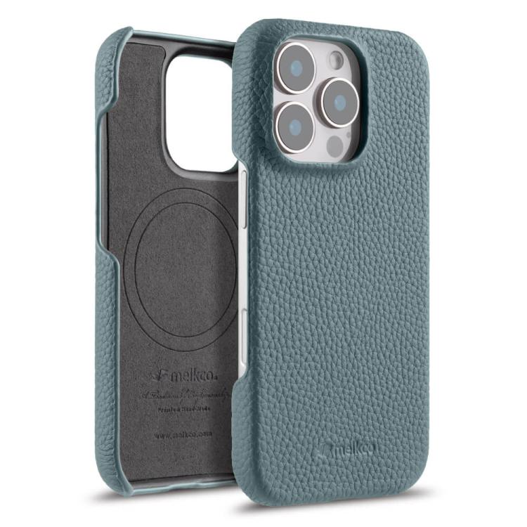 For iPhone 16 Pro melkco Litchi Texture Magnetic Half Coverage Genuine Leather Phone Case(Light Blue)