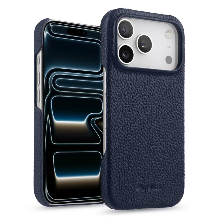 For iPhone 17 Pro Max melkco Litchi Texture Magnetic Half Coverage Genuine Leather Phone Case(Dark Blue)