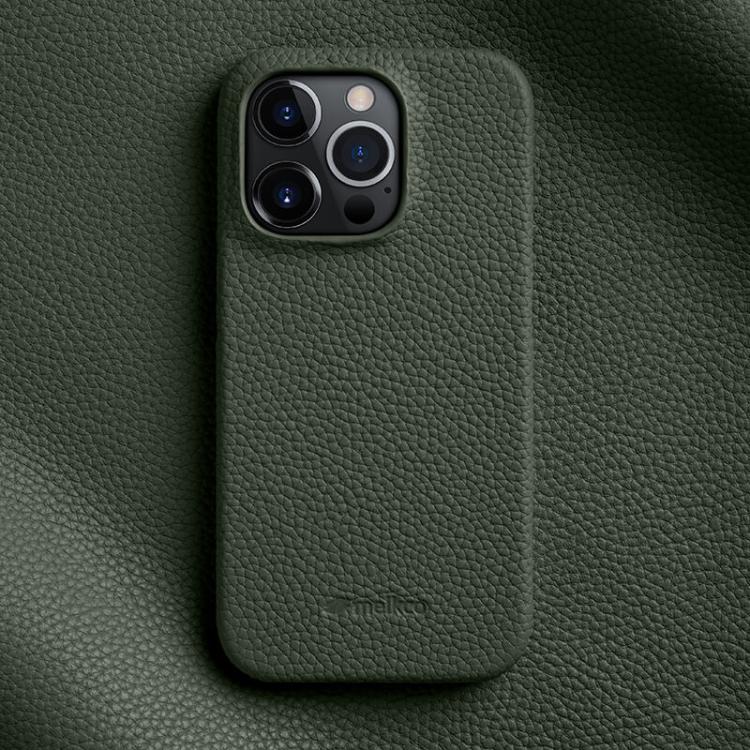 For iPhone 14 Pro melkco Litchi Texture Magnetic Half Coverage Genuine Leather Phone Case(Dark Green)
