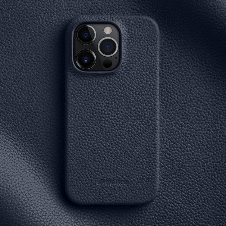 For iPhone 15 Pro melkco Litchi Texture Magnetic Half Coverage Genuine Leather Phone Case(Dark Blue)