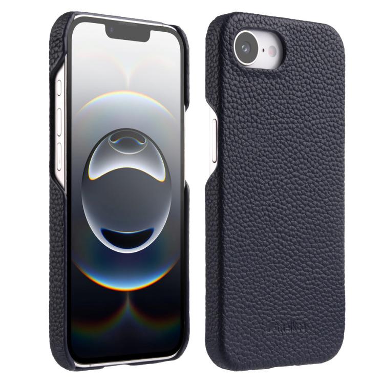 For iPhone 17e / 16e melkco Litchi Texture Magnetic Half Coverage Genuine Leather Phone Case(Dark Blue)