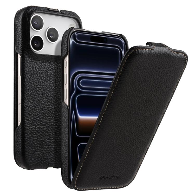 For iPhone 17 Pro melkco Litchi Texture Vertical Flip Magnetic Genuine Leather Phone Case(Black)