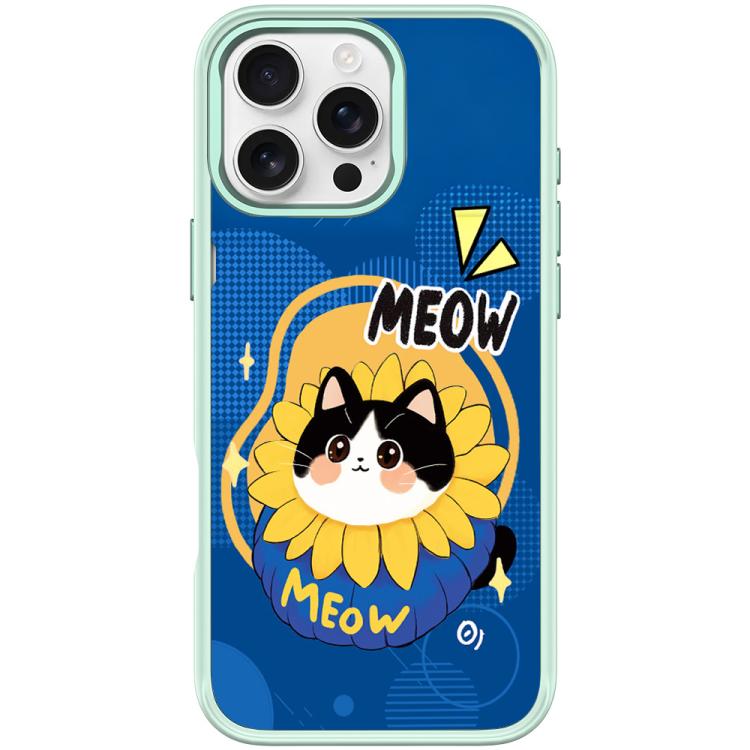 For iPhone 16 Pro Max Adorable Little Blue Cat Pattern Magnetic Phone Case(Light Green)