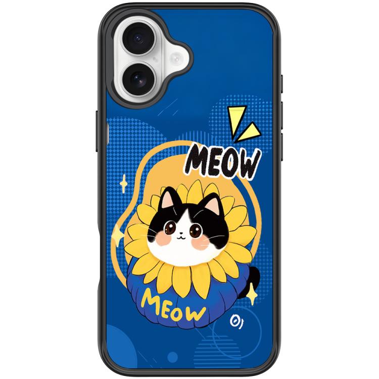 For iPhone 16 Plus Adorable Little Blue Cat Pattern Magnetic Phone Case(Black)