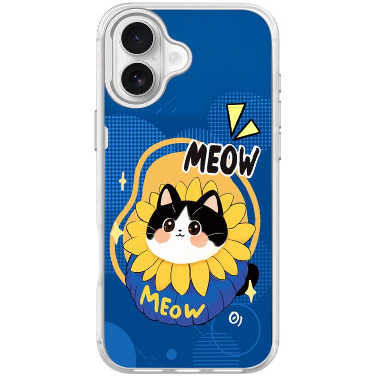 For iPhone 16 Adorable Little Blue Cat Pattern Magnetic Phone Case(Transparent White)