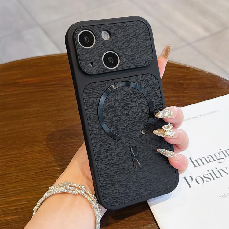 For iPhone 13 Litchi Texture Vegan Leather Magnetic Phone Case(Black)