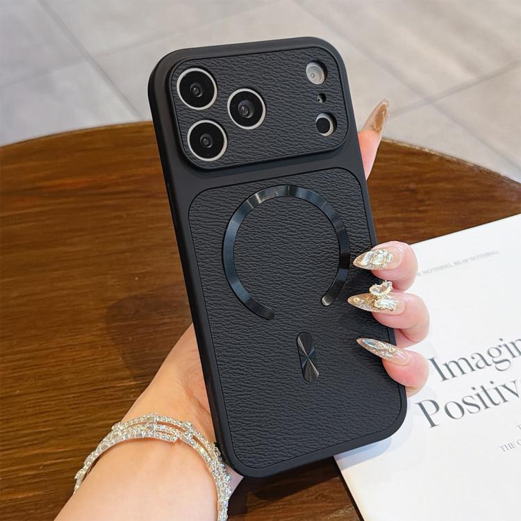 For iPhone 17 Pro Max Litchi Texture Vegan Leather Magnetic Phone Case(Black)