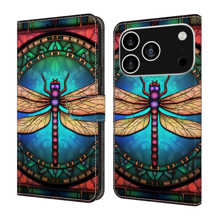 For iPhone 17 Pro Crystal-Like Painted Vegan Leather Phone Case(Colorful Dragonfly)