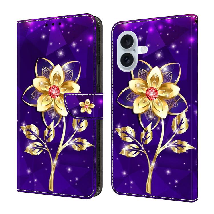 For iPhone 17 Crystal-Like Painted Vegan Leather Phone Case(Gold Flower On Purple)