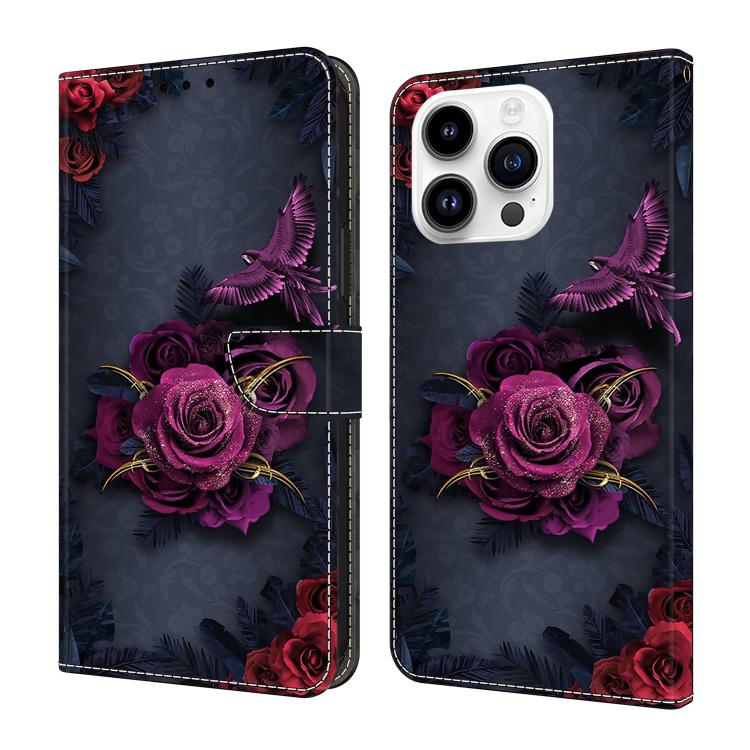 For iPhone 16 Pro Max Crystal-Like Painted Vegan Leather Phone Case(Red Purple Flowers)
