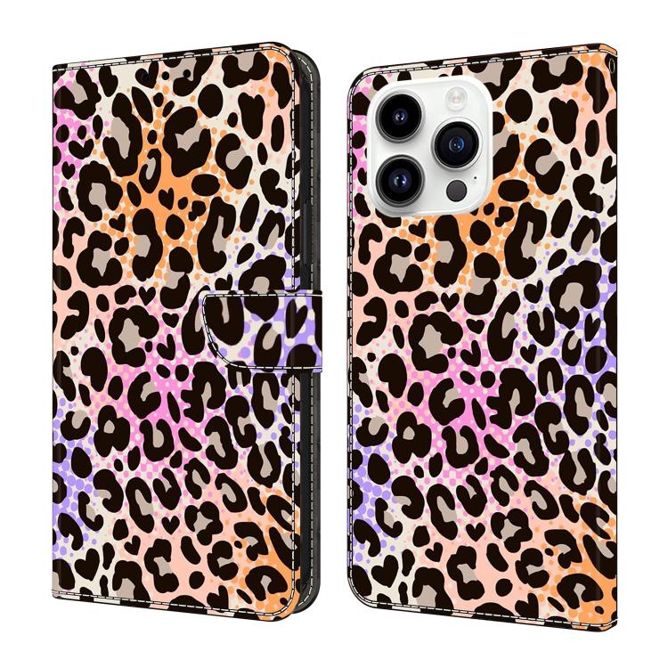 For iPhone 16 Pro Crystal-Like Painted Vegan Leather Phone Case(Spotted Leopard Print)