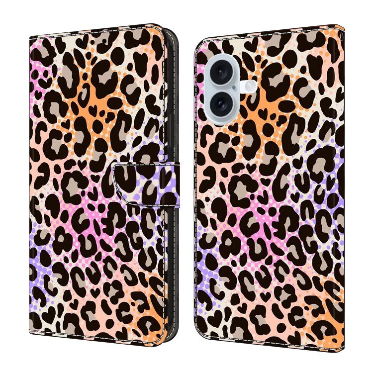 For iPhone 16 Plus Crystal-Like Painted Vegan Leather Phone Case(Spotted Leopard Print)