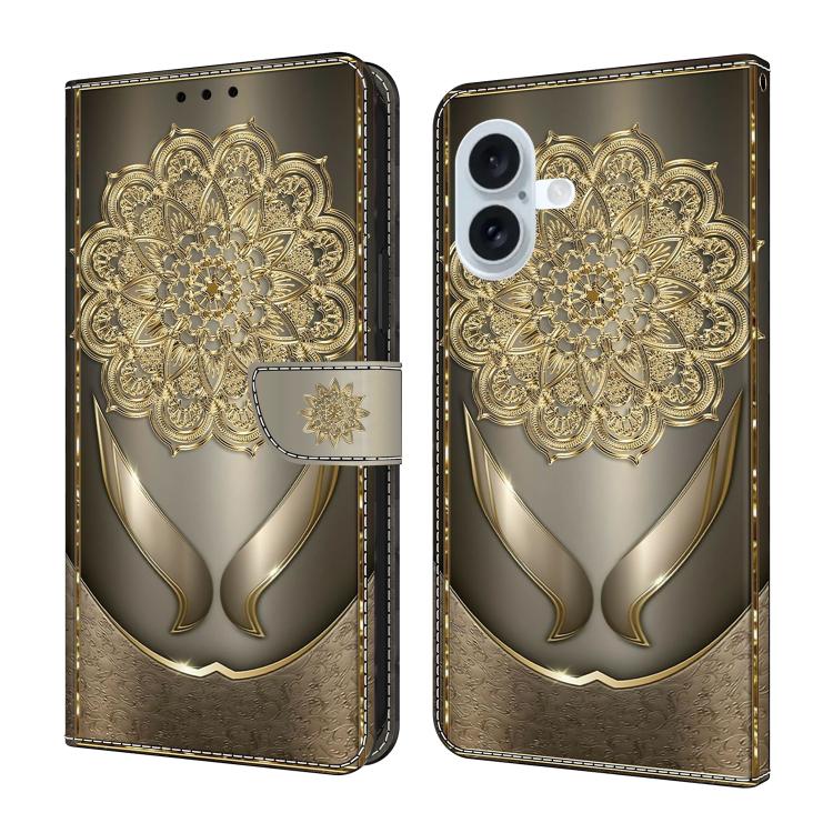 

For iPhone 16 Crystal-Like Painted Vegan Leather Phone Case(Shining Golden Flower)