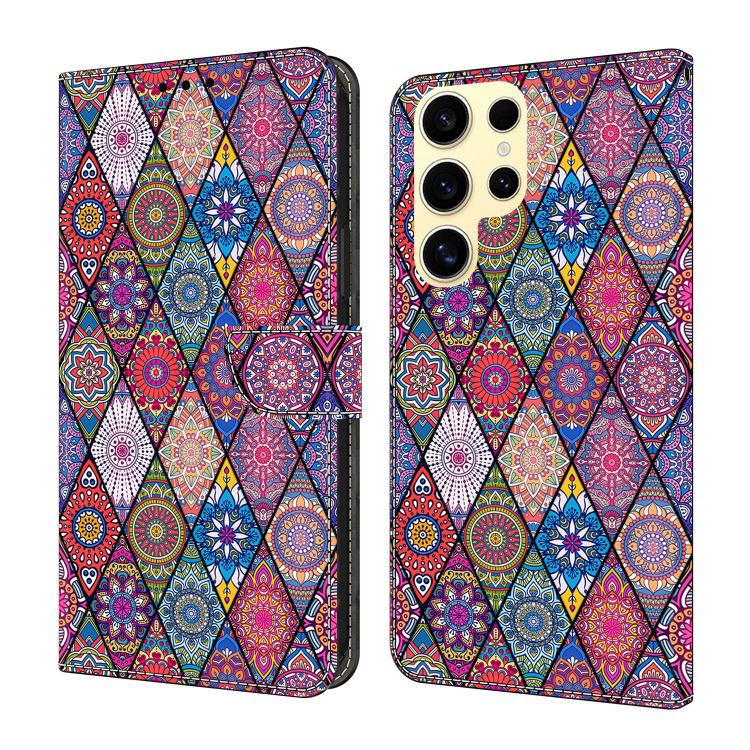For Samsung Galaxy S24 Ultra 5G Crystal-Like Painted Vegan Leather Phone Case(Red Floral Ethnic)