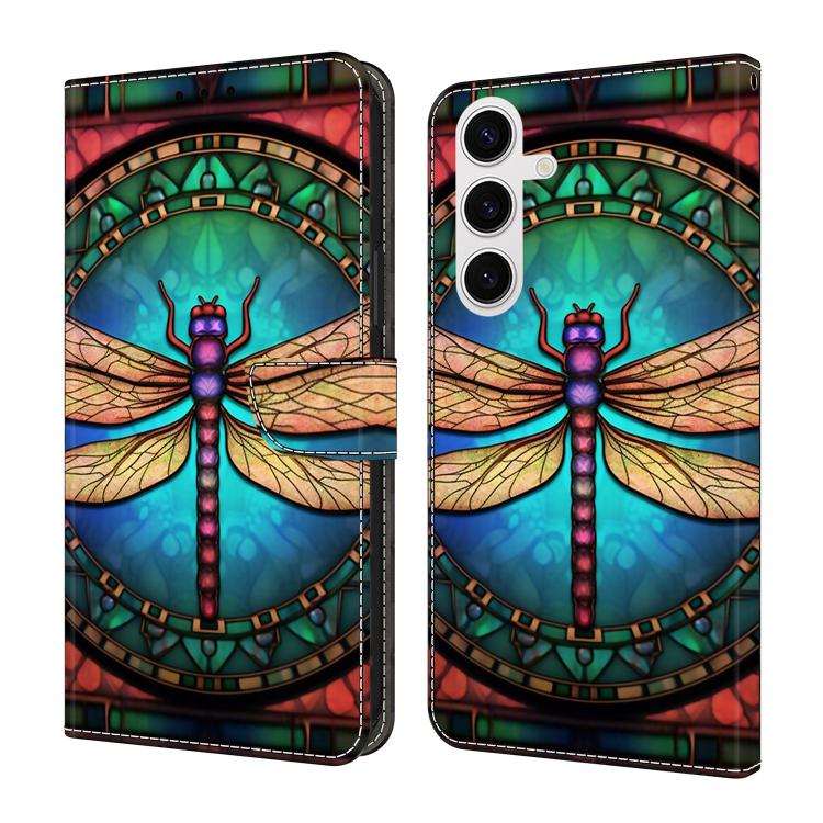 For Samsung Galaxy S23 5G Crystal-Like Painted Vegan Leather Phone Case(Colorful Dragonfly)