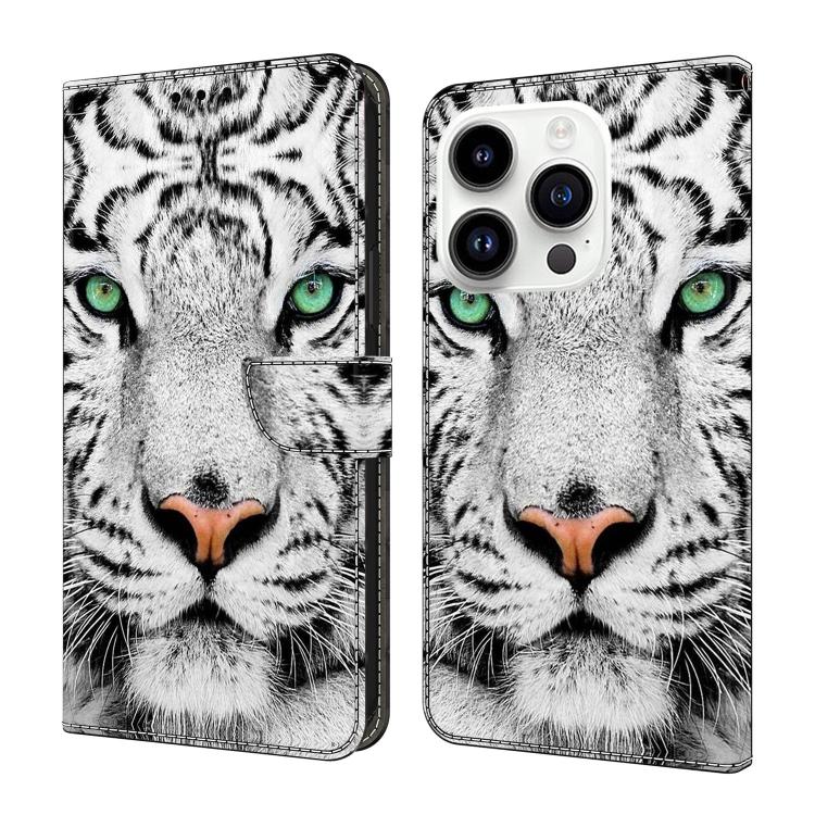 For iPhone 16 Pro Crystal-Like Painted Vegan Leather Phone Case(Tiger Face)
