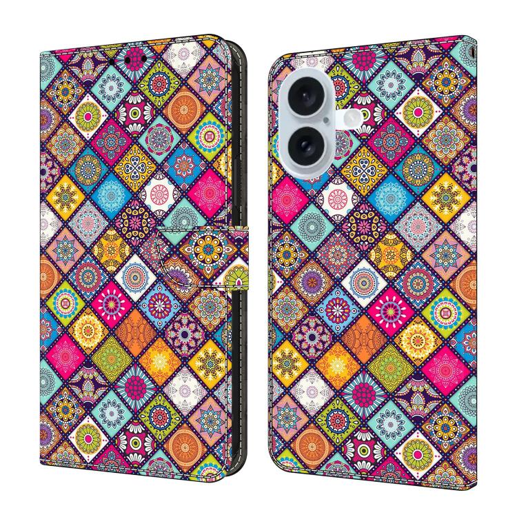 For iPhone 16 Crystal-Like Painted Vegan Leather Phone Case(Colorful Ethnic)