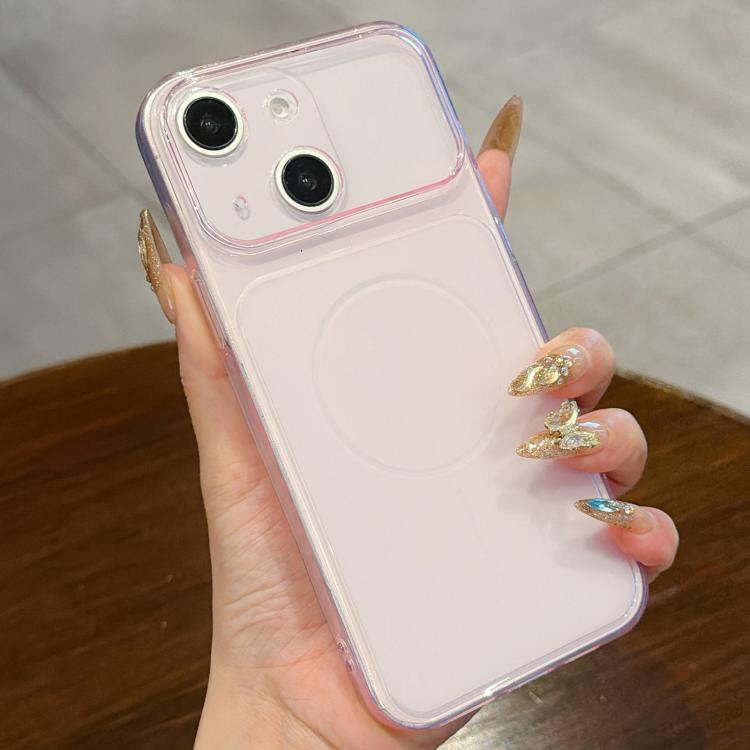For iPhone 15 Large Window Precision Hole Translucent Frosted TPU Phone Case(Pink)