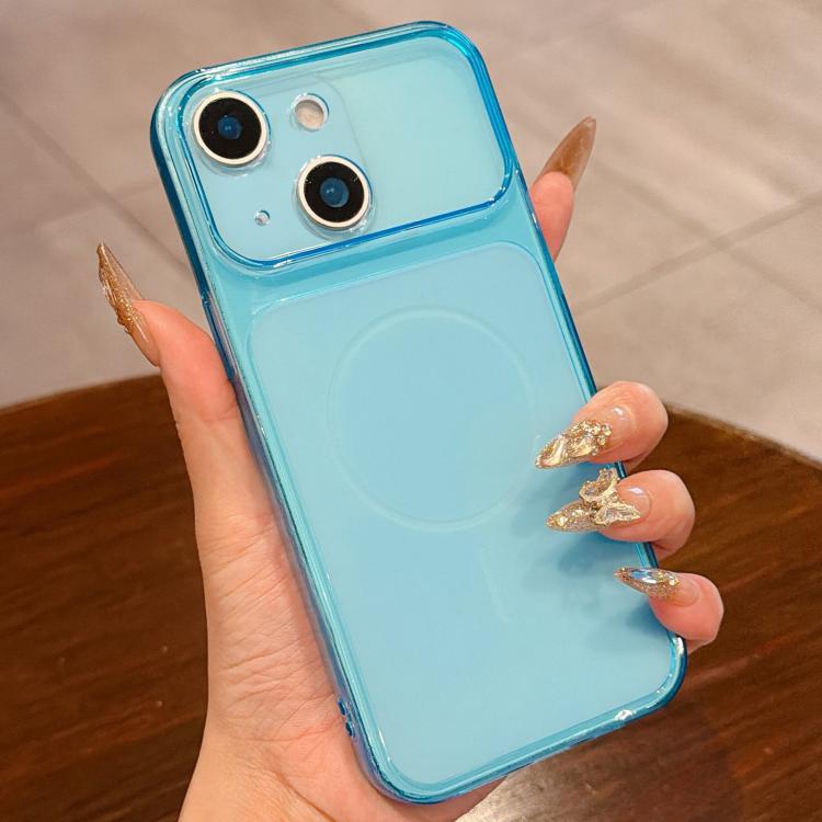 For iPhone 15 Plus Large Window Precision Hole Translucent Frosted TPU Phone Case(Blue)