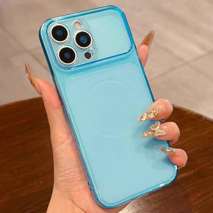For iPhone 14 Pro Max Large Window Precision Hole Translucent Frosted TPU Phone Case(Blue)
