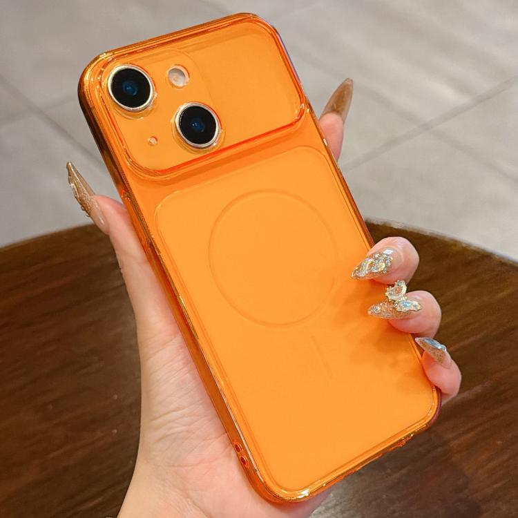 For iPhone 13 Large Window Precision Hole Translucent Frosted TPU Phone Case(Orange)
