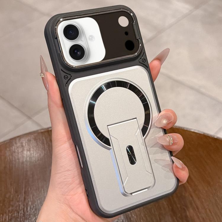 For iPhone 17 Shockproof Lens Cover Magnetic Phone Case with Hidden Holder(Silver)