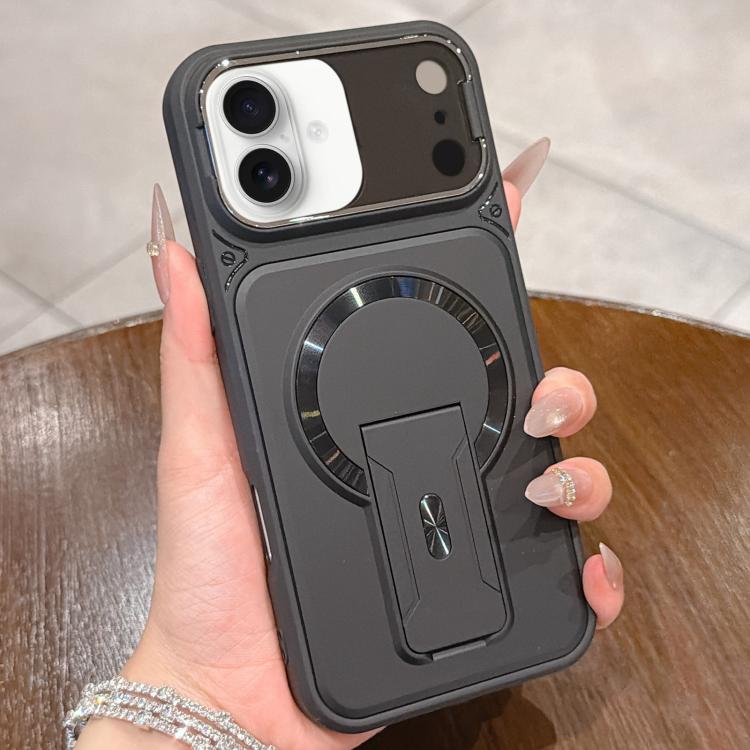 For iPhone 16 Shockproof Lens Cover Magnetic Phone Case with Hidden Holder(Black)