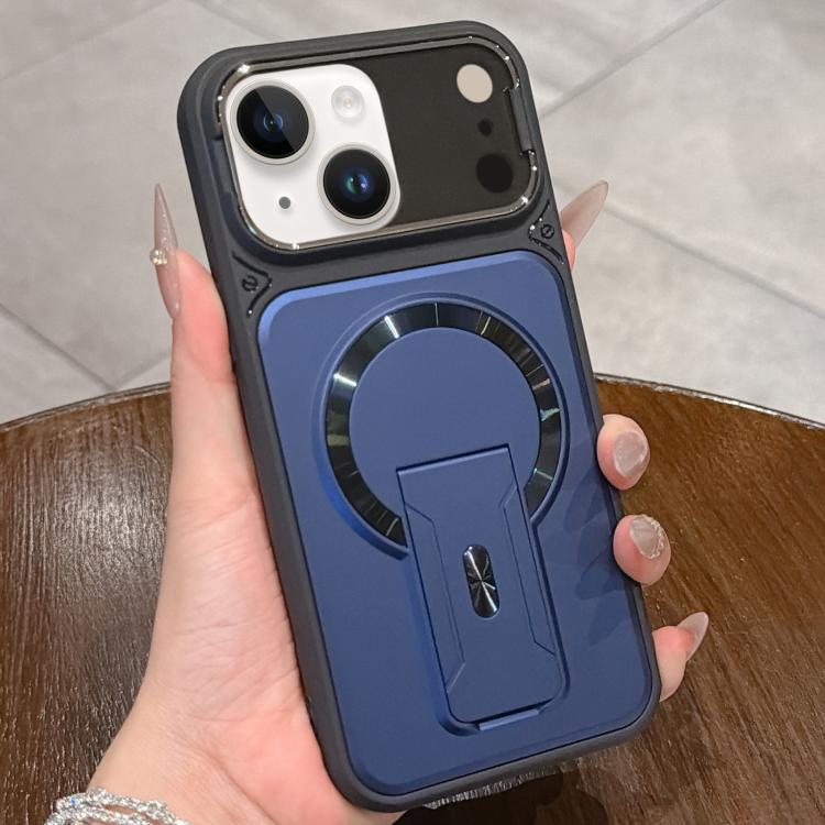 For iPhone 15 Shockproof Lens Cover Magnetic Phone Case with Hidden Holder(Blue)