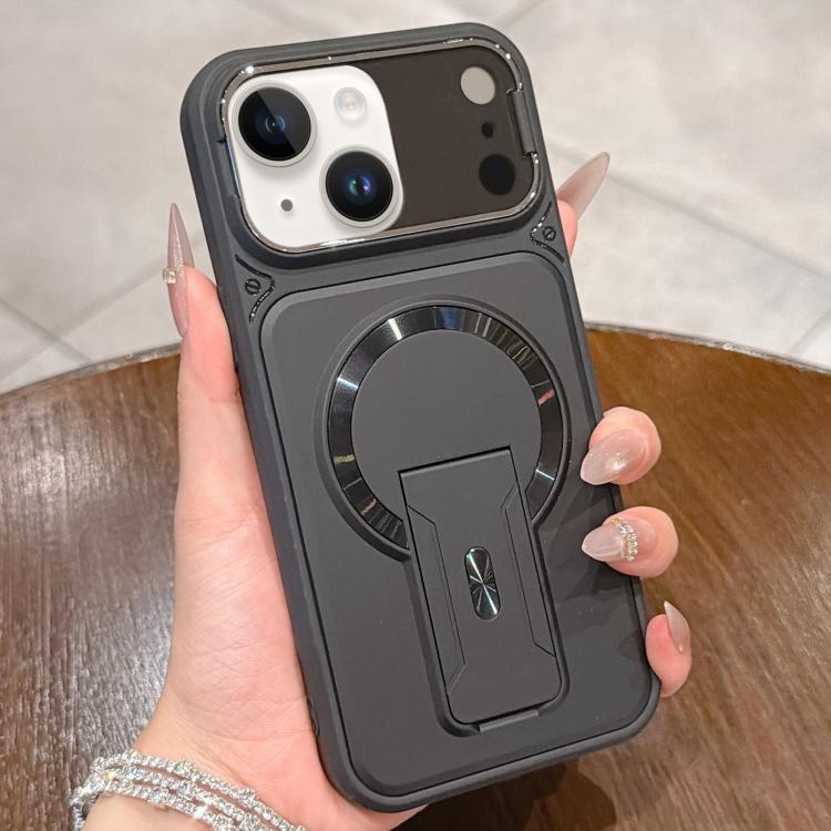 For iPhone 15 Plus Shockproof Lens Cover Magnetic Phone Case with Hidden Holder(Black)
