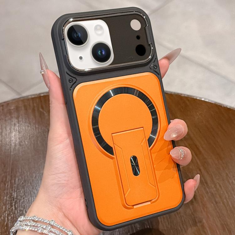 For iPhone 14 Shockproof Lens Cover Magnetic Phone Case with Hidden Holder(Orange)