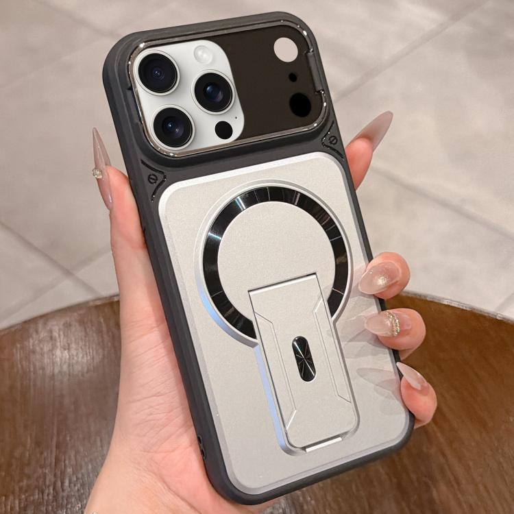 For iPhone 13 Pro Max Shockproof Lens Cover Magnetic Phone Case with Hidden Holder(Silver)